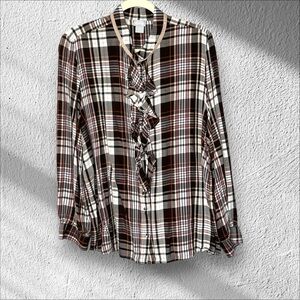 Chicos Size 4 Ruffle Front Brown Plaid Button Front‎ Blouse Top Office Business